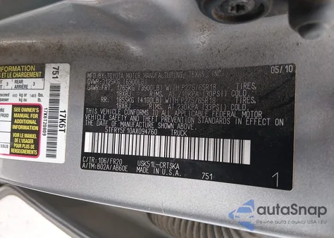 2010 Toyota Tundra Grade 5.7L V8 из США, поврежденный, VIN 5TFRY5F10AX094760